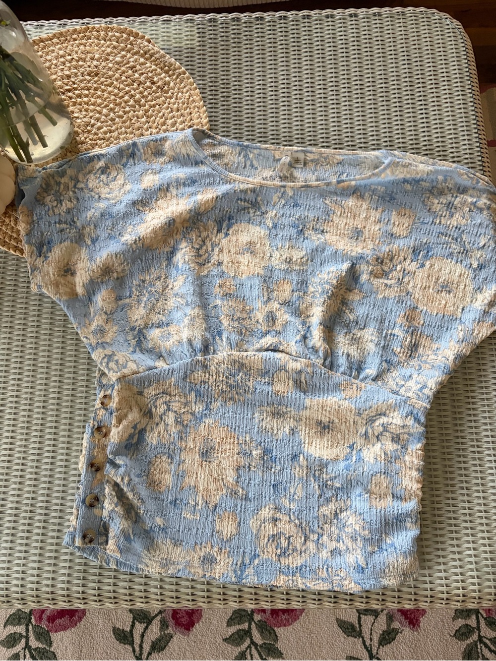 Cato Light Blue and Cream Floral Scoop-Neck Sweater